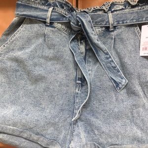 Paper Bag Waist-Tie Denim Shorts